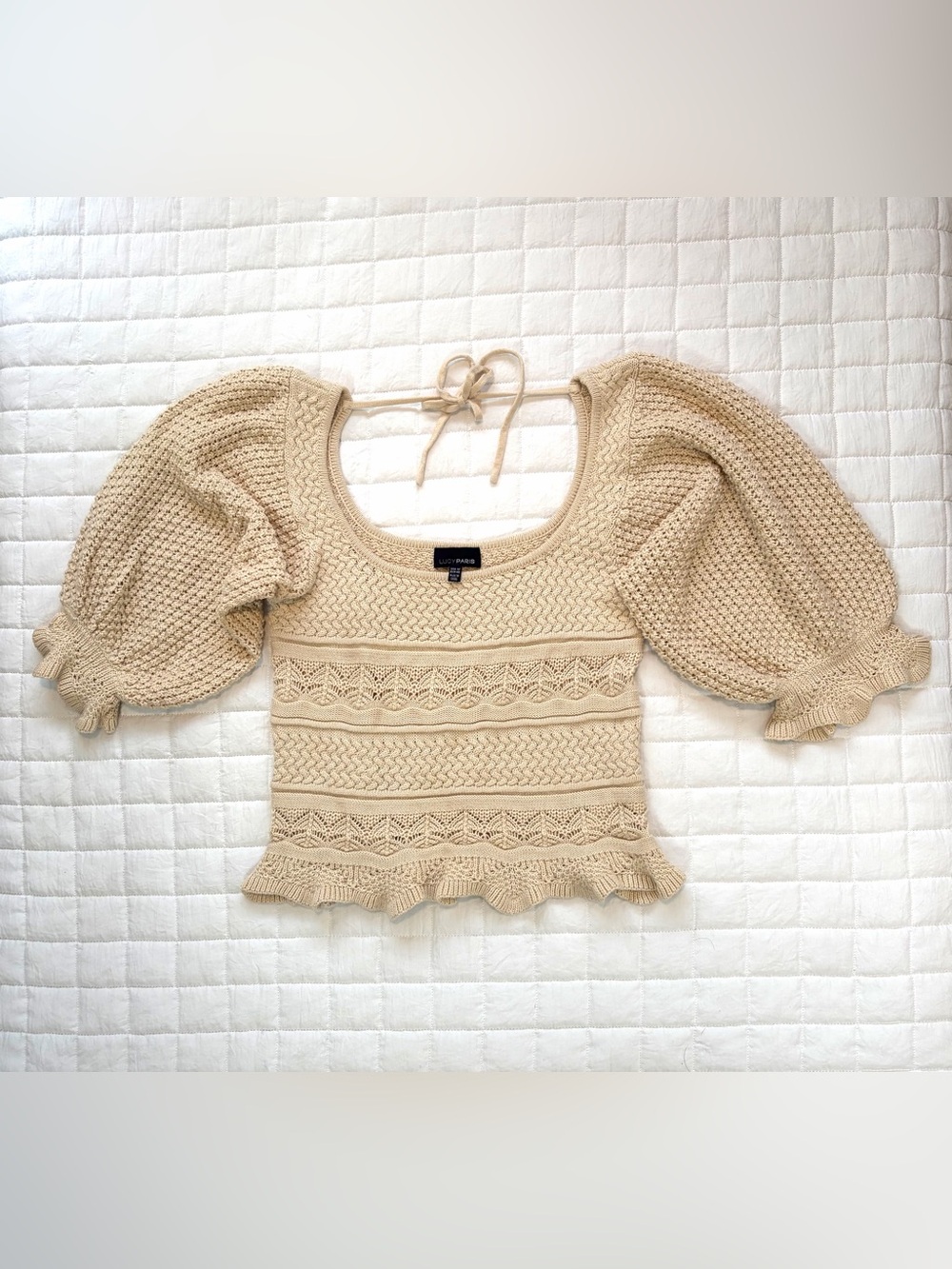 Lucy Paris Women's Cropped Beige Knit Crochet 3/4 Balloon Sleeve Blouse Size M